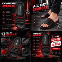Comfort Max slide slippers, product detail shots and packaging
