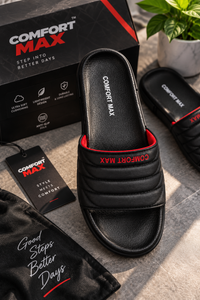 Comfort Max slide slippers, worn on foot showing fit