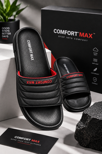 Comfort Max slide slippers, black with red trim, top view