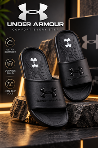 Black Under Armour men's slides on a dark stone display