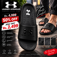 Black Under Armour slide showing embossed logo strap and features