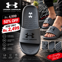 Grey Under Armour slide showing embossed logo strap and features